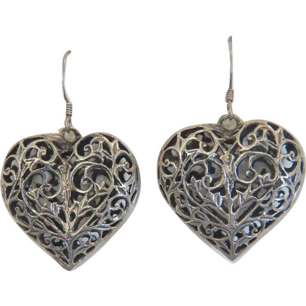 Vintage heart shaped dangle earrings, silver 800,… - image 1