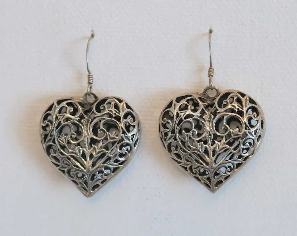 Vintage heart shaped dangle earrings, silver 800,… - image 2