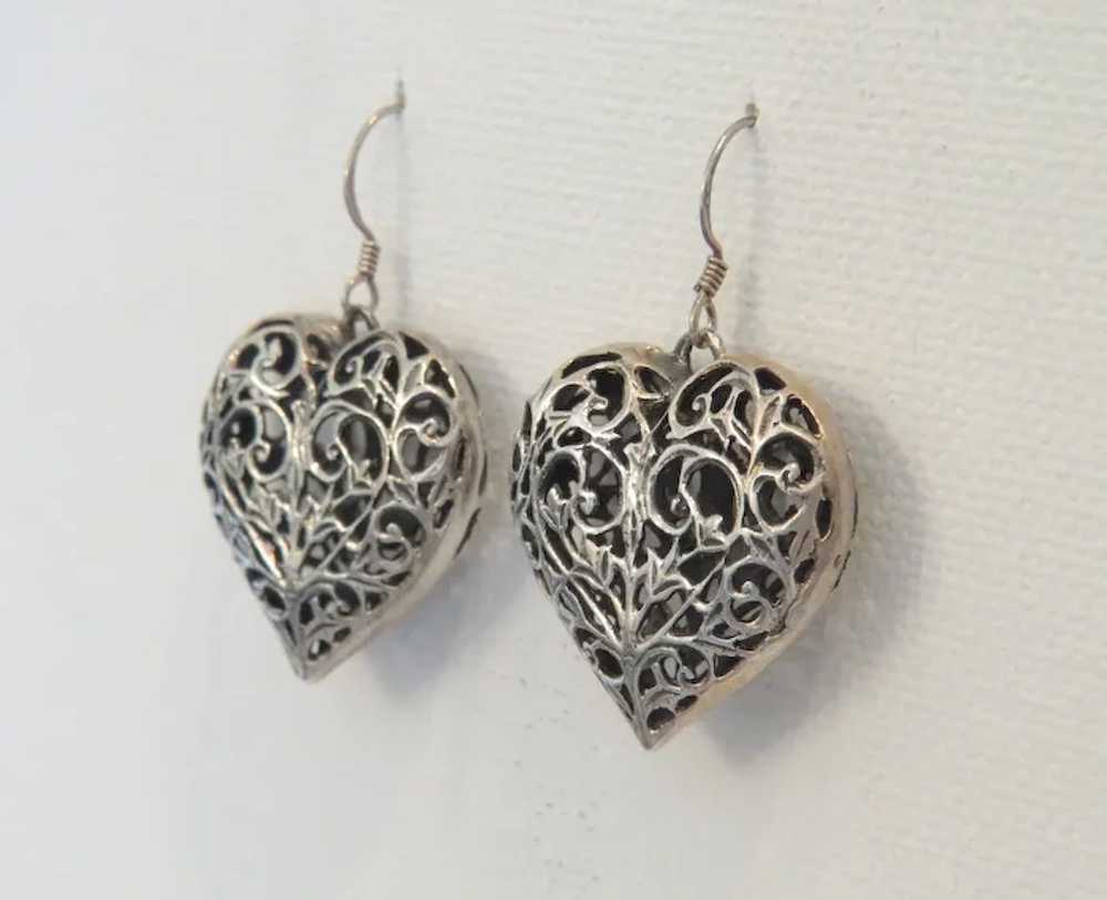 Vintage heart shaped dangle earrings, silver 800,… - image 3