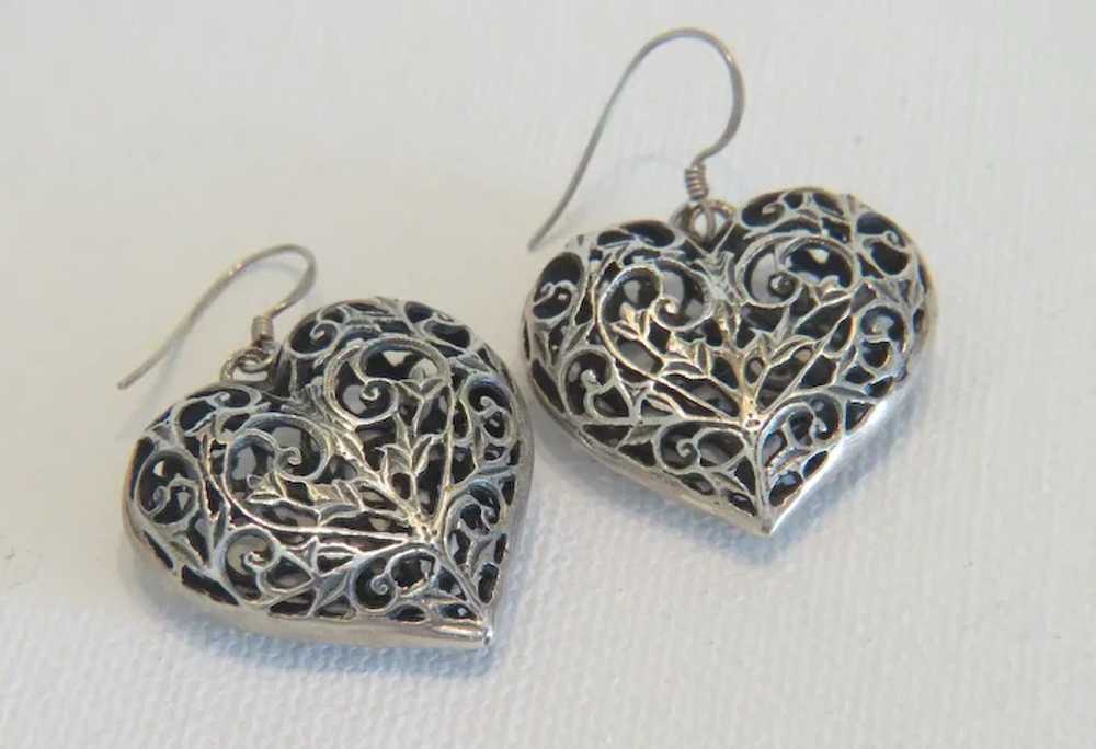 Vintage heart shaped dangle earrings, silver 800,… - image 4