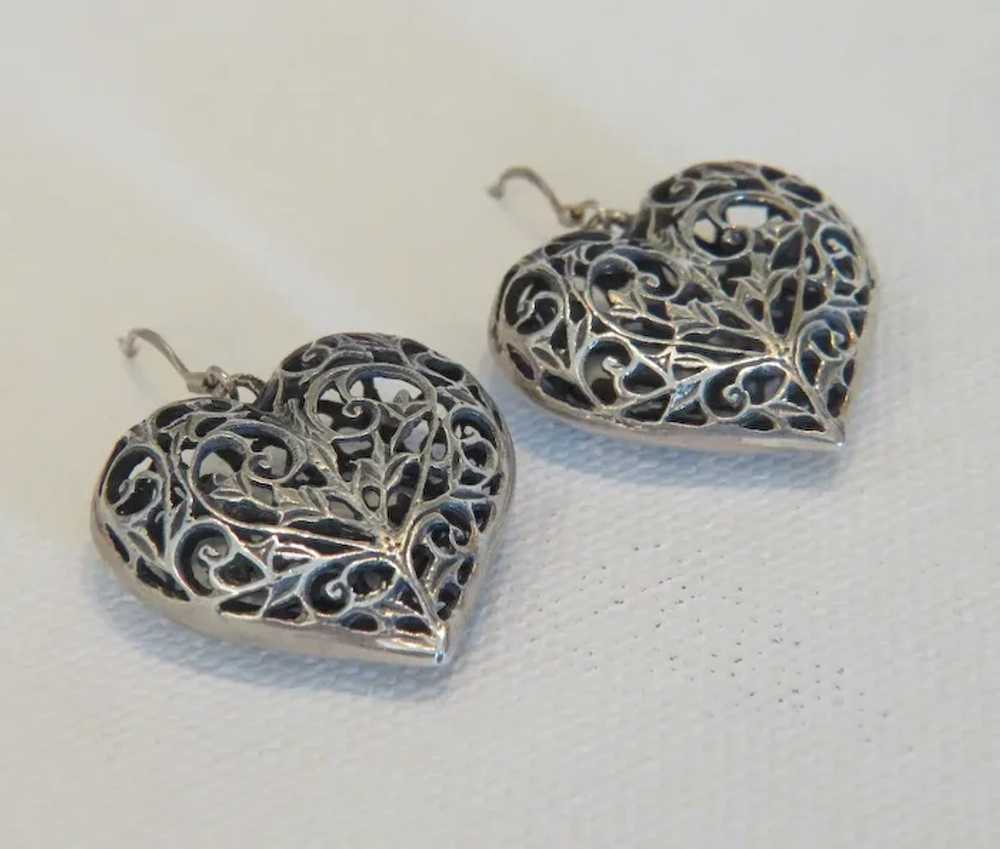 Vintage heart shaped dangle earrings, silver 800,… - image 5