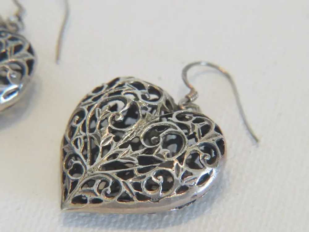 Vintage heart shaped dangle earrings, silver 800,… - image 6