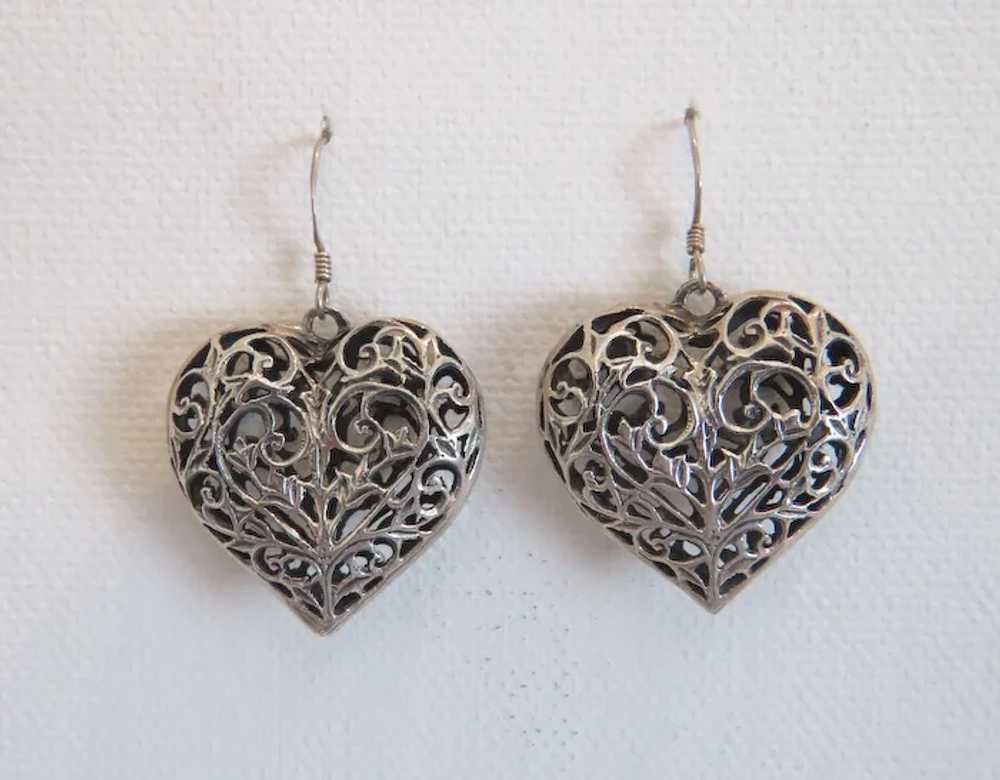 Vintage heart shaped dangle earrings, silver 800,… - image 7