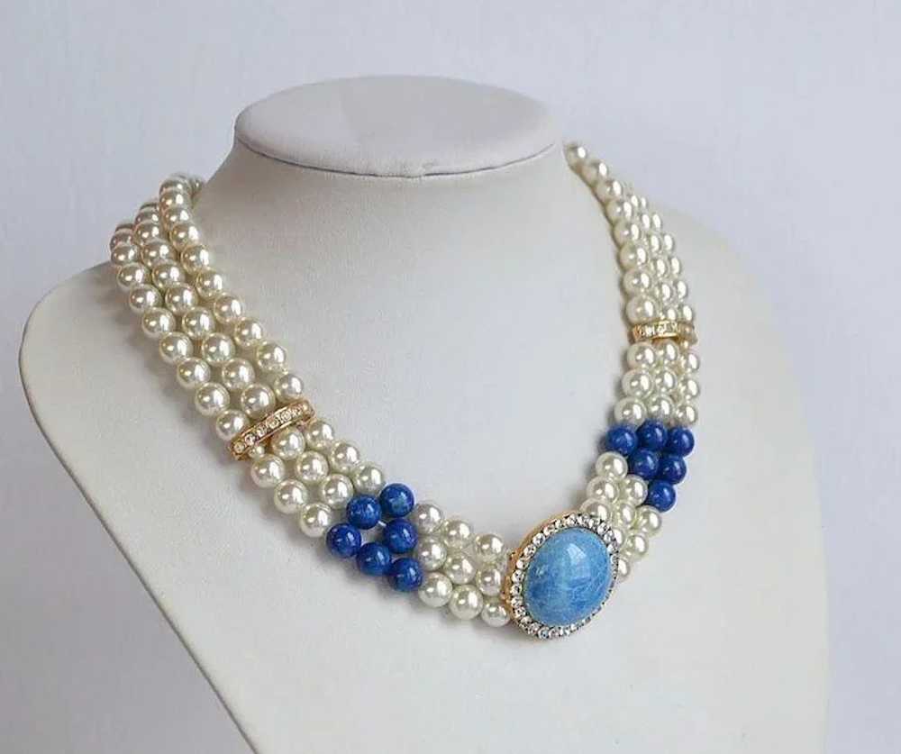 Vintage faux glass pearl natural lapis rhinestone… - image 2