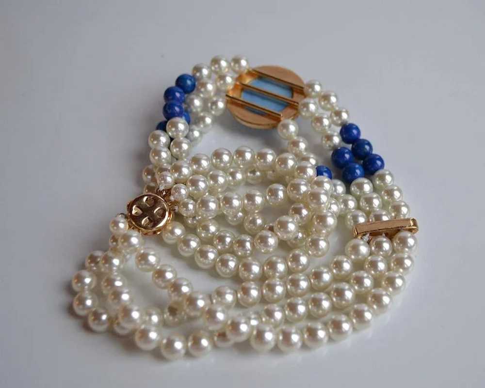 Vintage faux glass pearl natural lapis rhinestone… - image 4