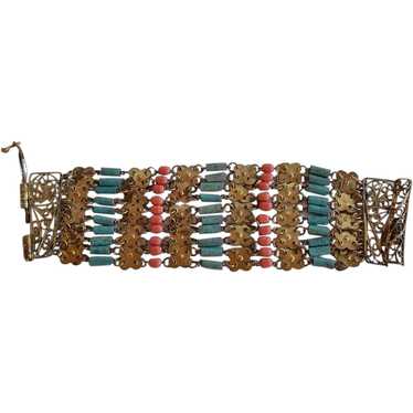 Art Deco Egyptian Revival Coral Glass & Turquoise… - image 1