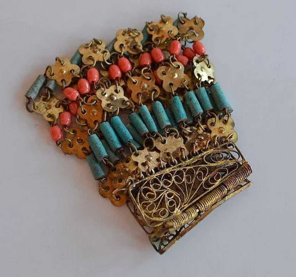 Art Deco Egyptian Revival Coral Glass & Turquoise… - image 2
