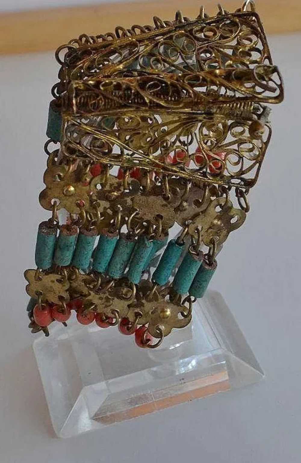Art Deco Egyptian Revival Coral Glass & Turquoise… - image 3