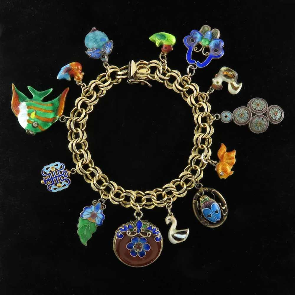 Vintage Chinese Enamel Gem and Gilded Silver and … - image 2