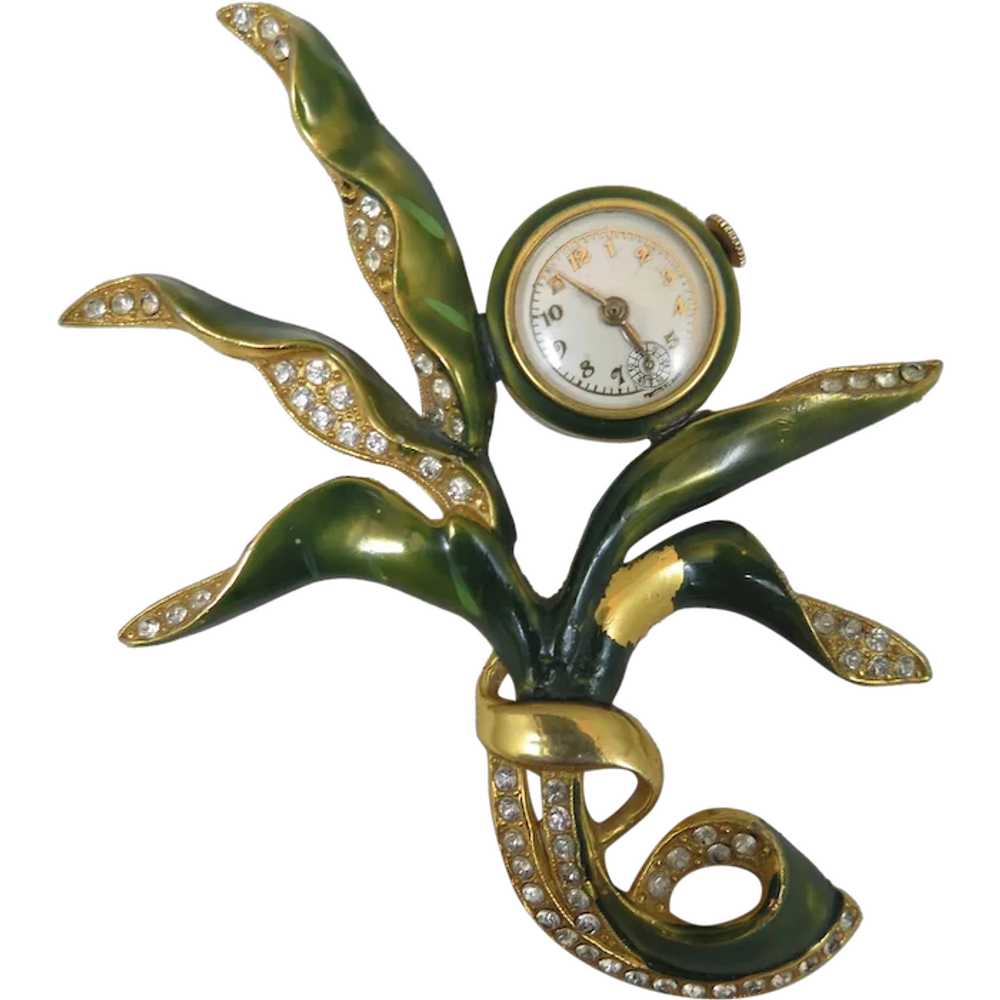 1940s Watch Brooch with Rhinestones and Enamel - image 1