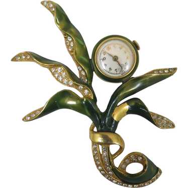 1940s Watch Brooch with Rhinestones and Enamel - image 1