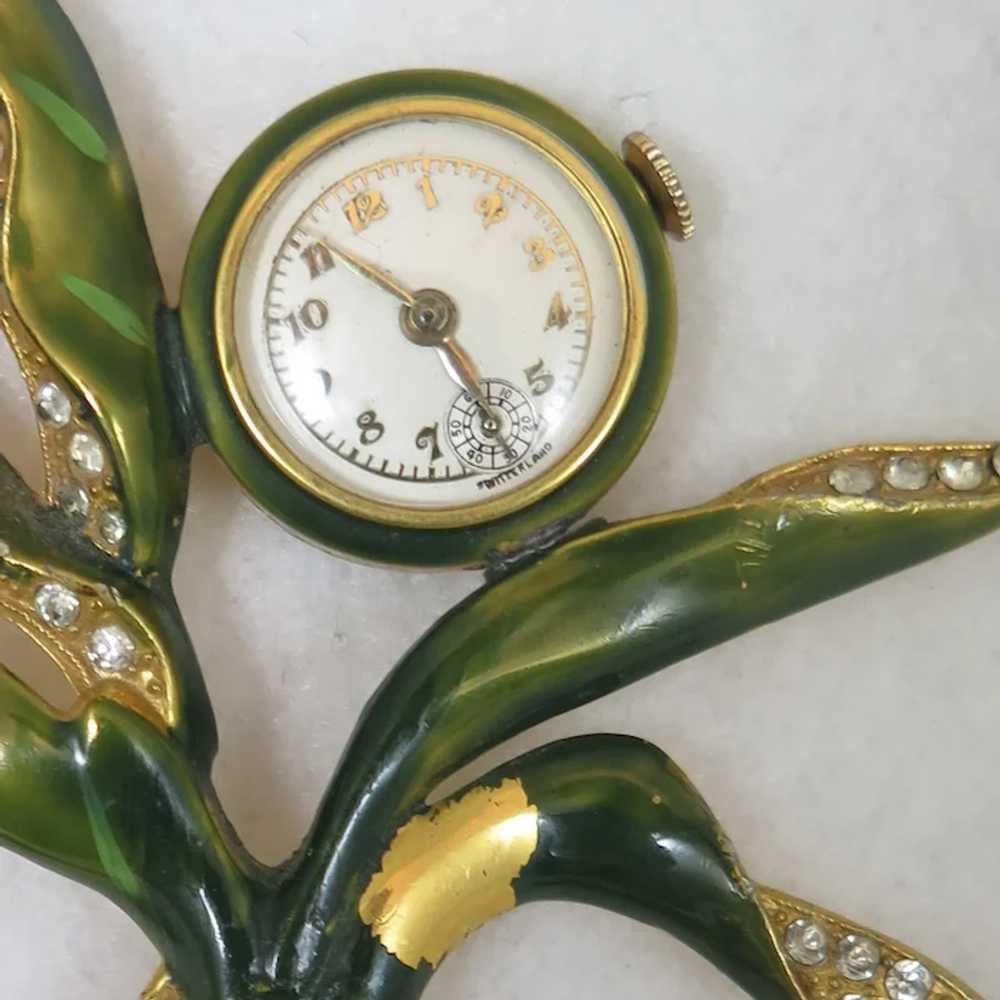 1940s Watch Brooch with Rhinestones and Enamel - image 2