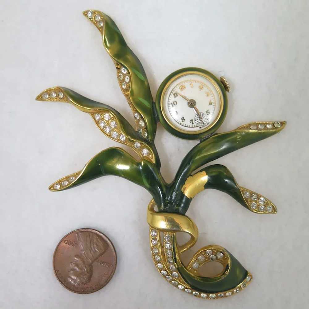 1940s Watch Brooch with Rhinestones and Enamel - image 3