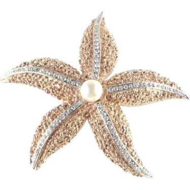 Ciner Rhinestone Faux Pearl Starfish Brooch Pin Un