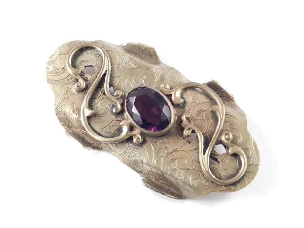 Victorian Embossed Brass Sash Brooch Pin Glass Fa… - image 3