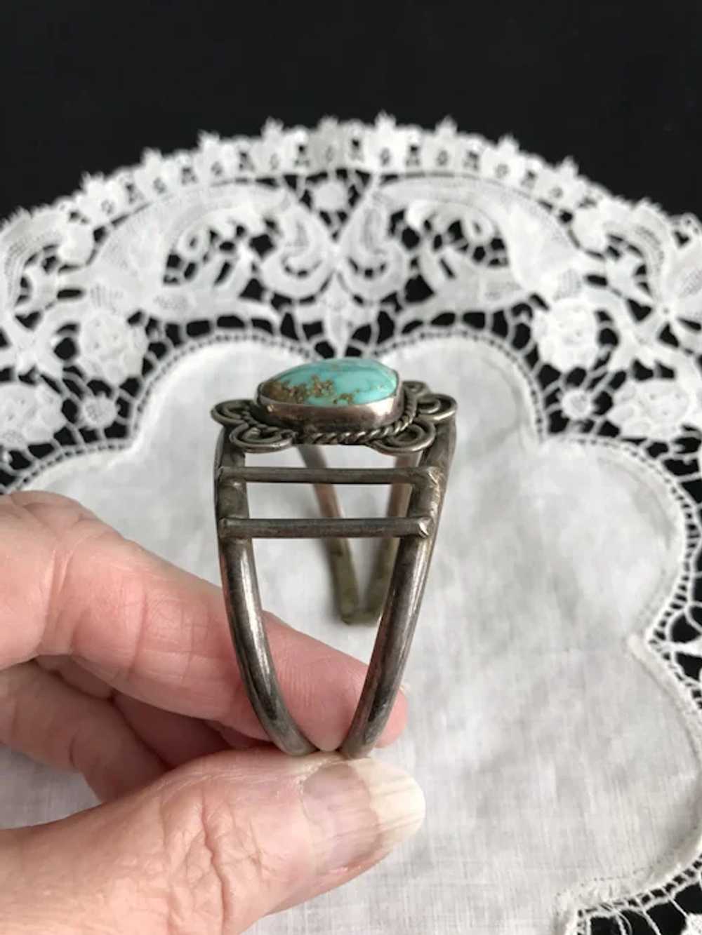 Vintage Turquoise Native American Sterling Cuff - image 4