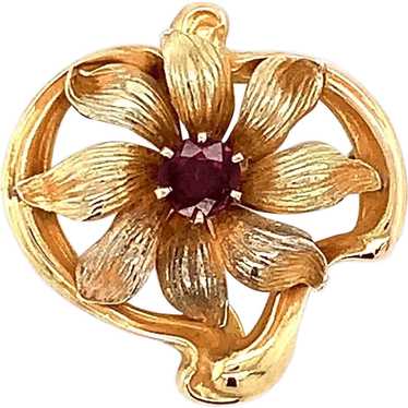 Art Nouveau 10K .38ct Ruby Flower Watch Pin