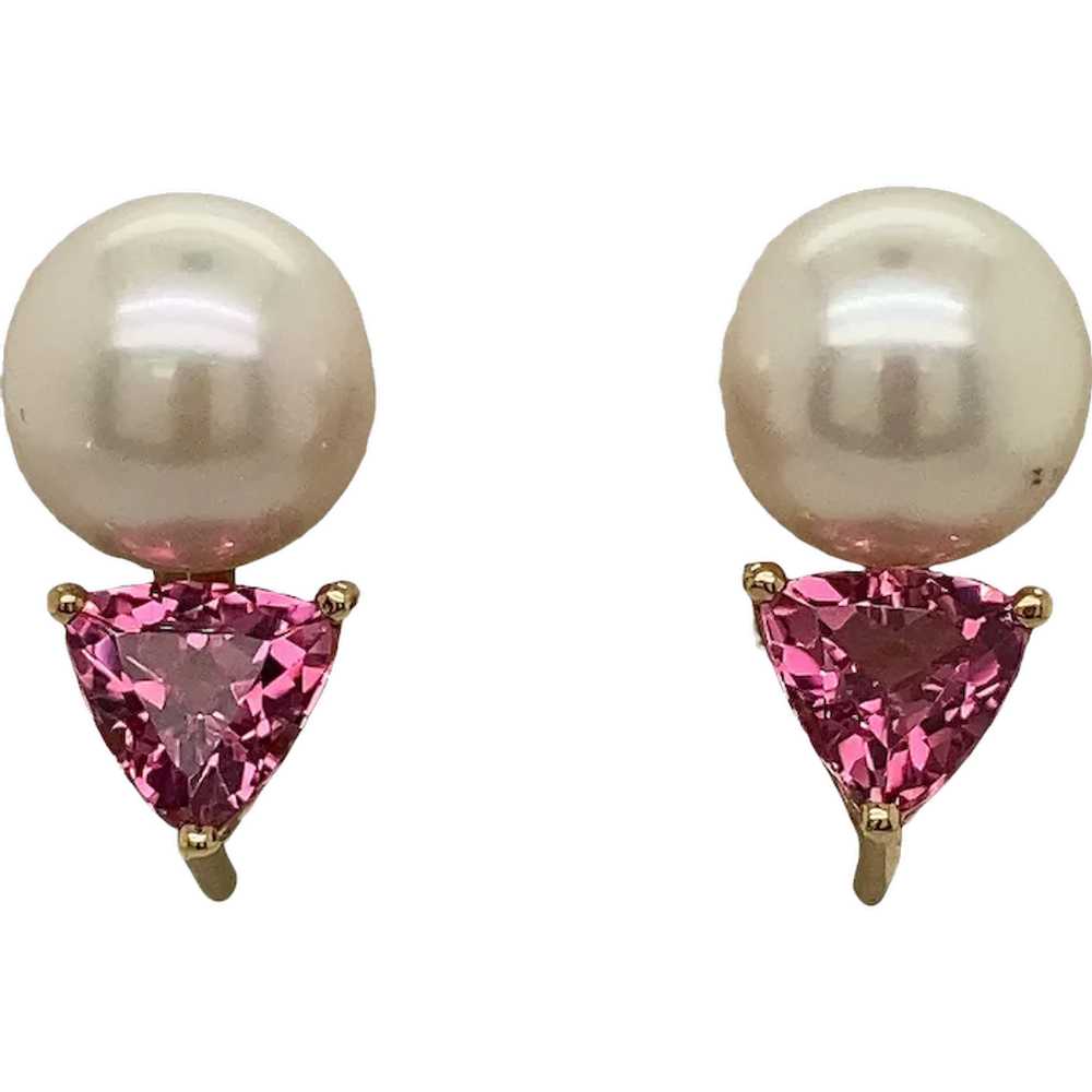 14K Yellow Gold Pearl and Tourmaline Earrings - image 1