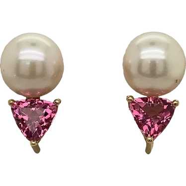 14K Yellow Gold Pearl and Tourmaline Earrings - image 1