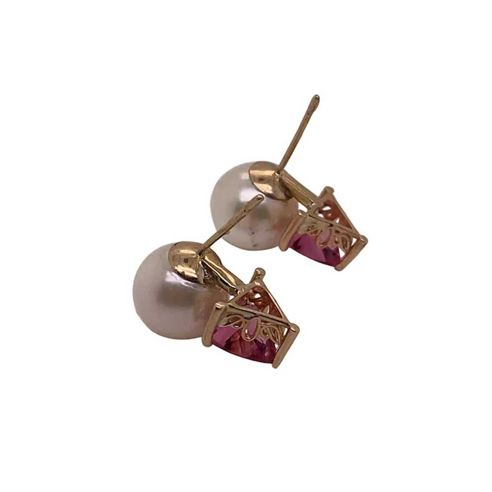 14K Yellow Gold Pearl and Tourmaline Earrings - image 2