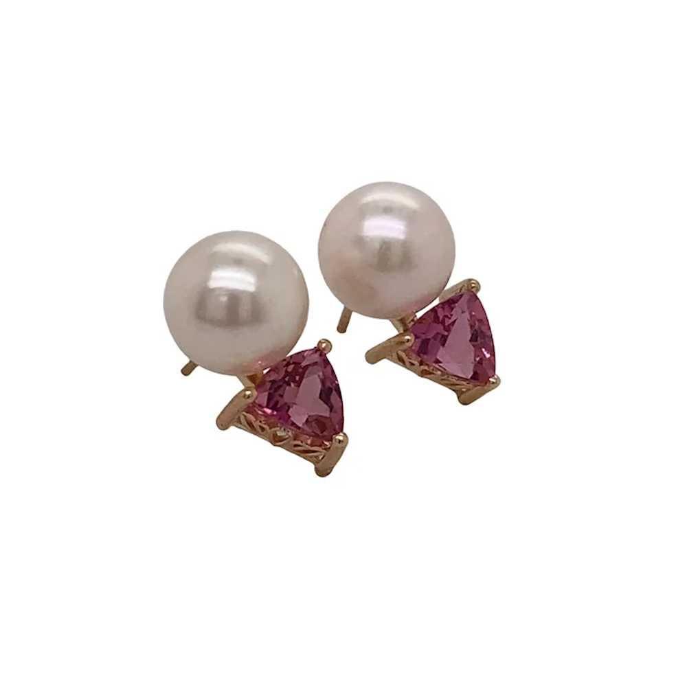 14K Yellow Gold Pearl and Tourmaline Earrings - image 3