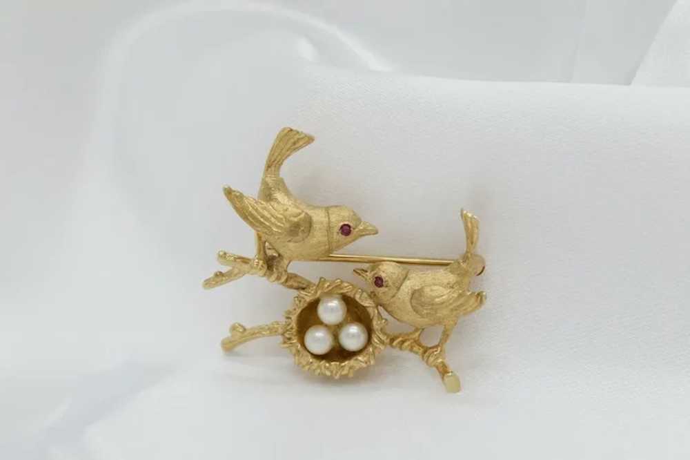 14k Yellow Gold Birds & Pearl Nest Brooch Pin - 8… - image 6