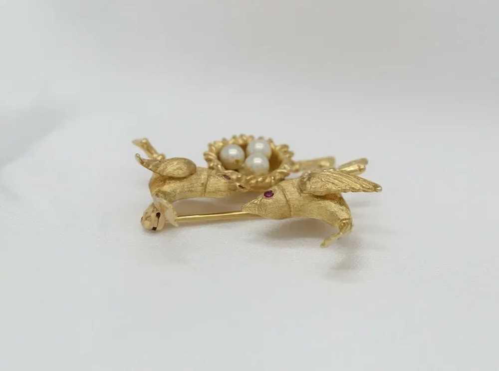 14k Yellow Gold Birds & Pearl Nest Brooch Pin - 8… - image 7