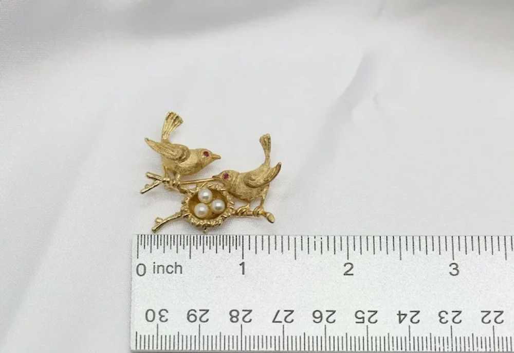 14k Yellow Gold Birds & Pearl Nest Brooch Pin - 8… - image 8
