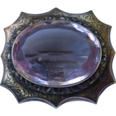 Victorian 10k Gold & Amethyst Engraved Antique Br… - image 1