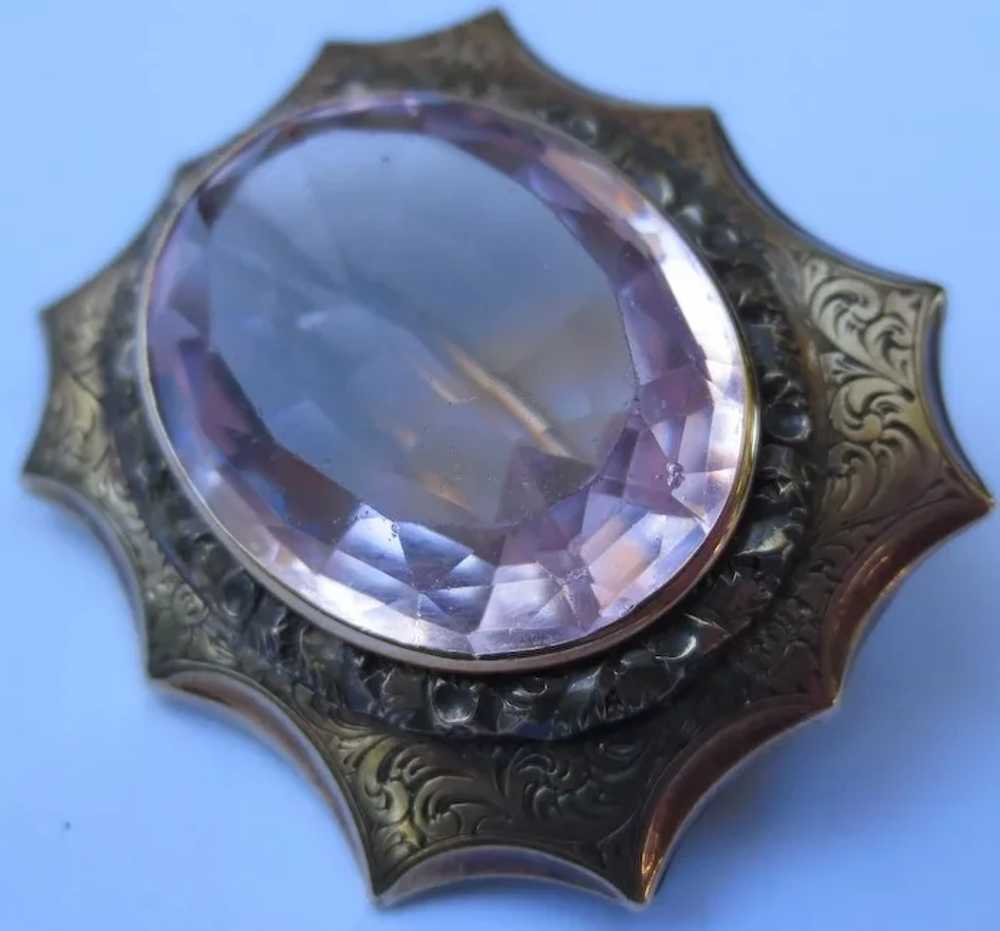 Victorian 10k Gold & Amethyst Engraved Antique Br… - image 2