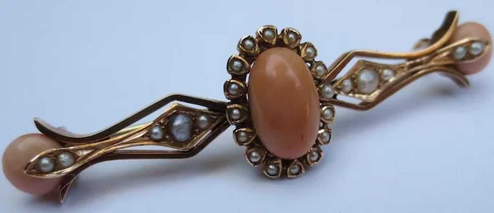 14k Rose Gold Coral and Seed Pearl Victorian Broo… - image 3