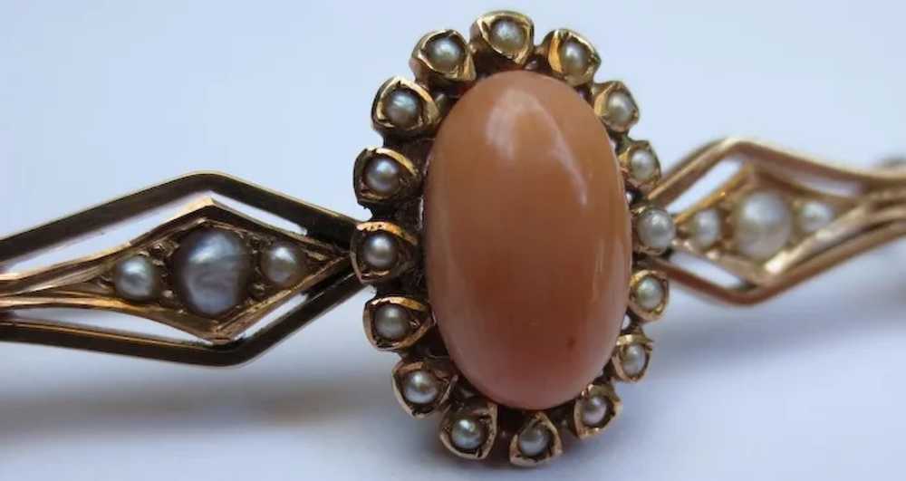 14k Rose Gold Coral and Seed Pearl Victorian Broo… - image 4