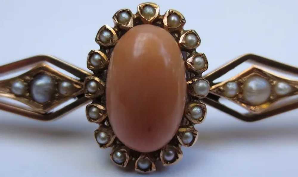 14k Rose Gold Coral and Seed Pearl Victorian Broo… - image 5