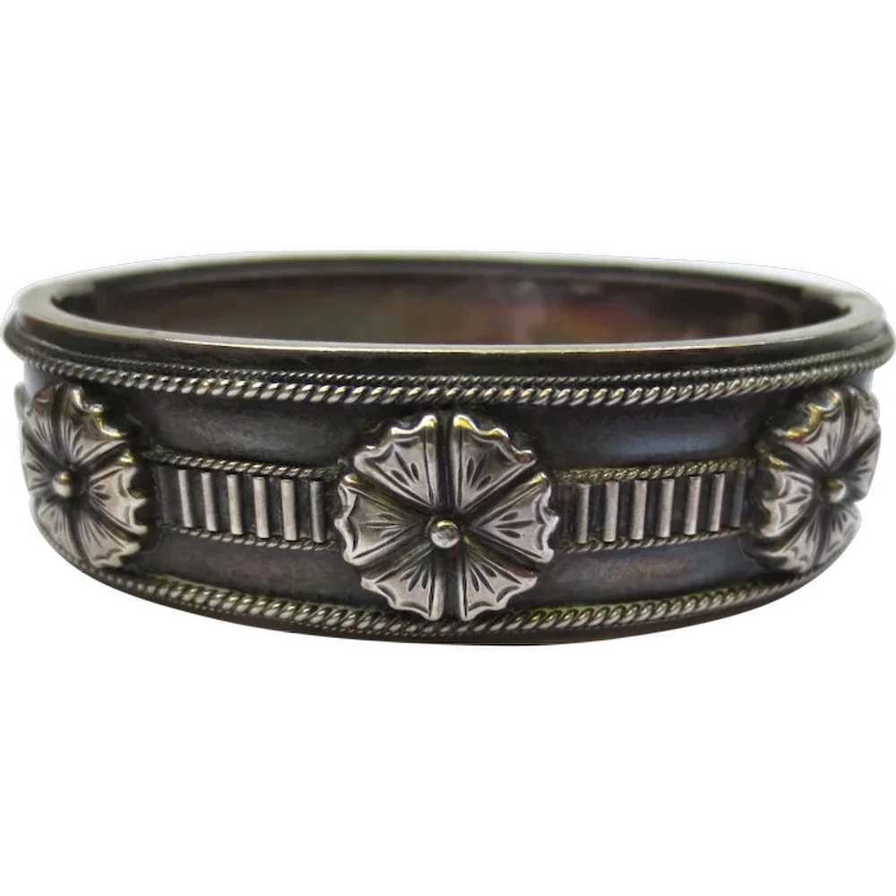 Victorian Sterling Silver Flower Medallion Bangle… - image 1