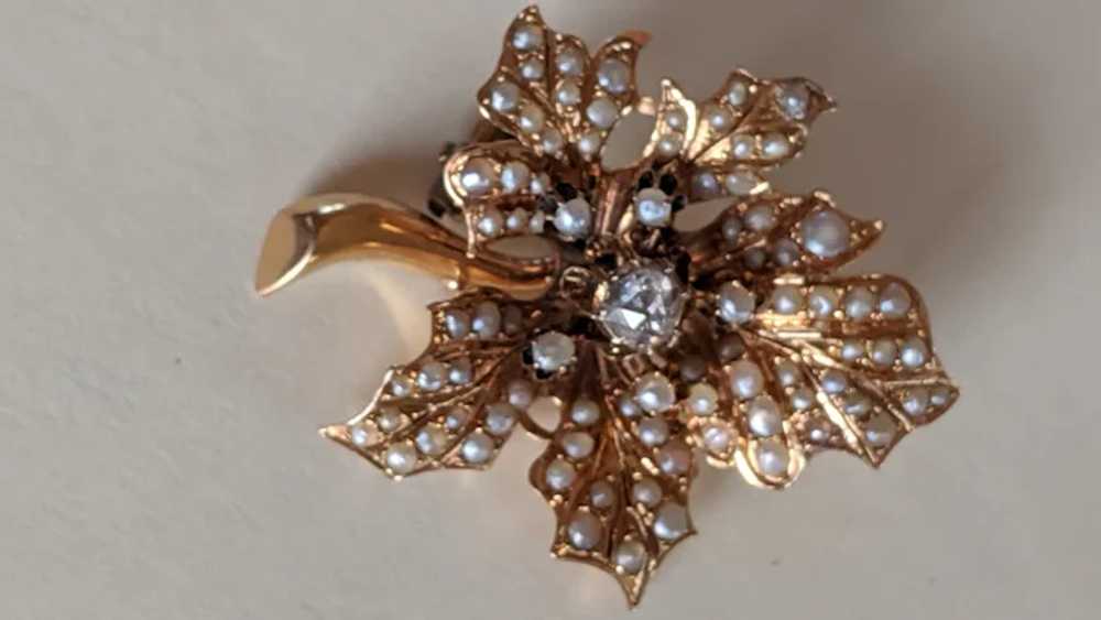 Antique 15k Diamond Pearl Brooch - image 4