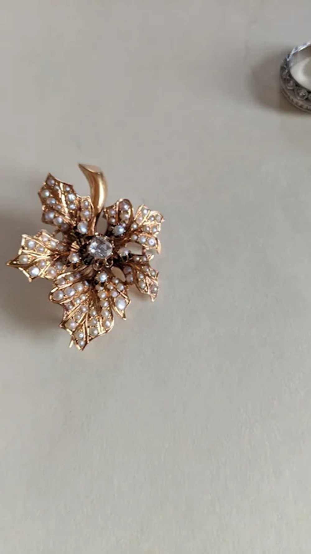 Antique 15k Diamond Pearl Brooch - image 6