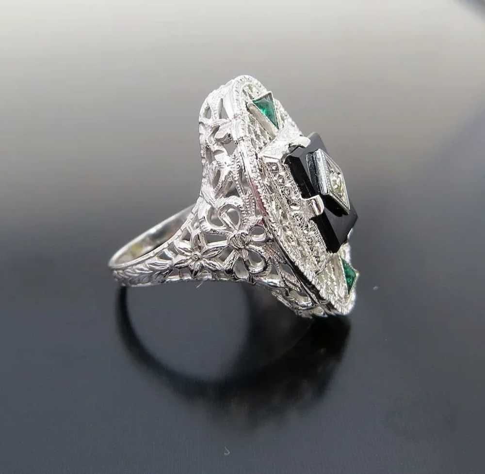 Lady's Vintage 14K White Gold Onyx & Diamond Fili… - image 3