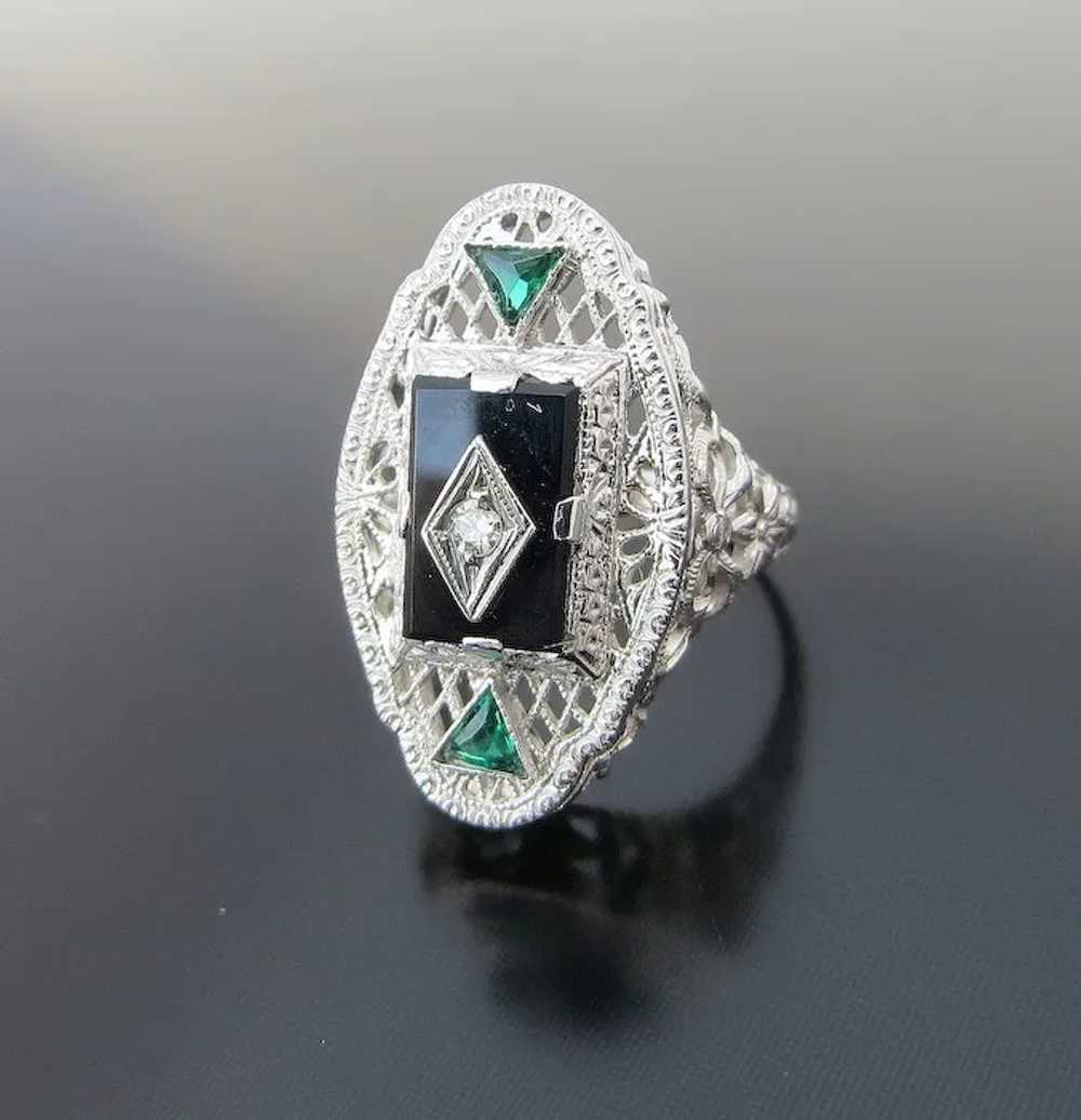 Lady's Vintage 14K White Gold Onyx & Diamond Fili… - image 4