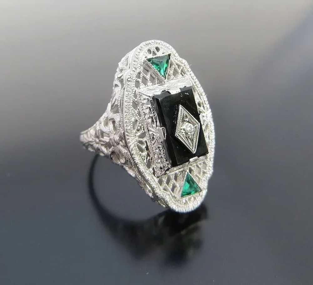 Lady's Vintage 14K White Gold Onyx & Diamond Fili… - image 5