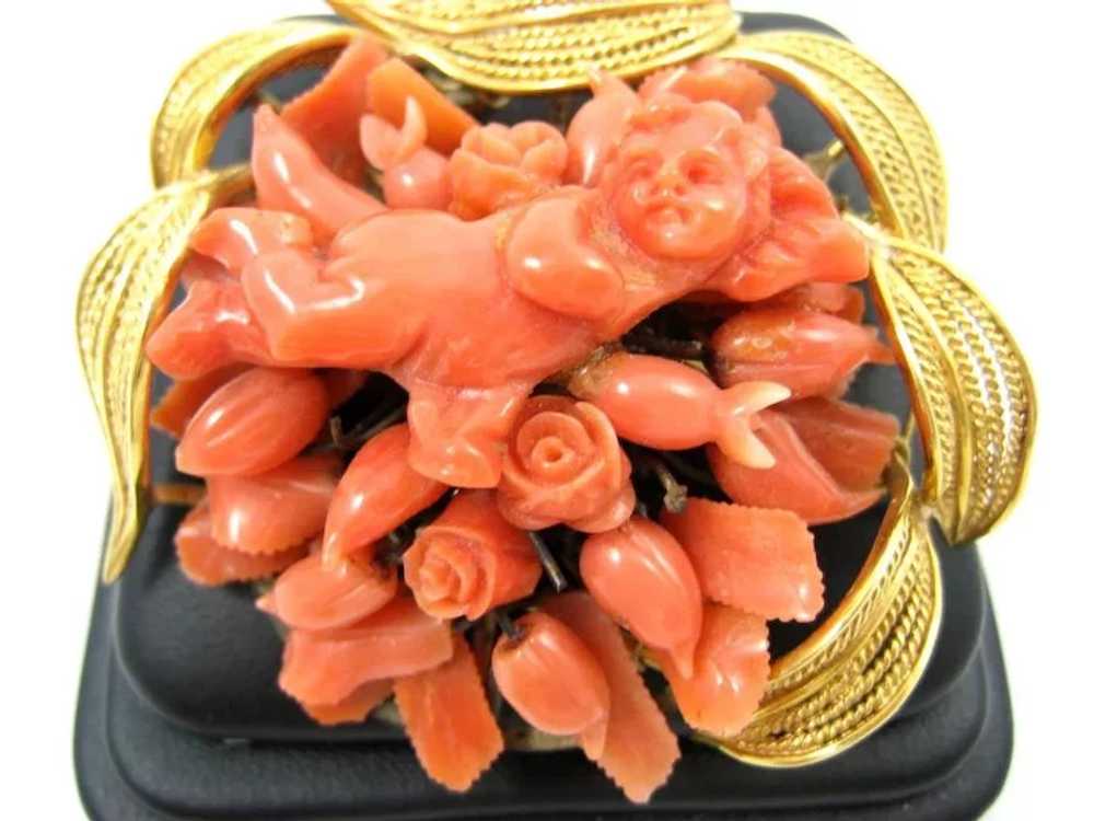 Vintage Art Nouveau 22k Cherub Carved Coral Brooch - image 4