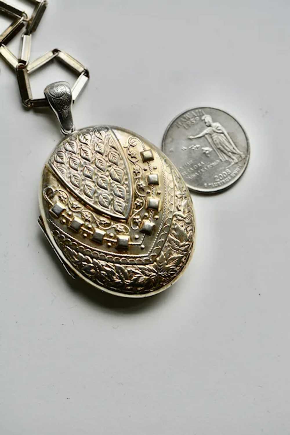 Victorian Silver Large Oval Locket and Chain with… - image 7