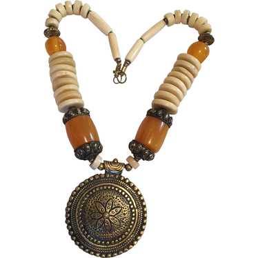 Tribal Style Amber Bone Brass Necklace 20 " Long