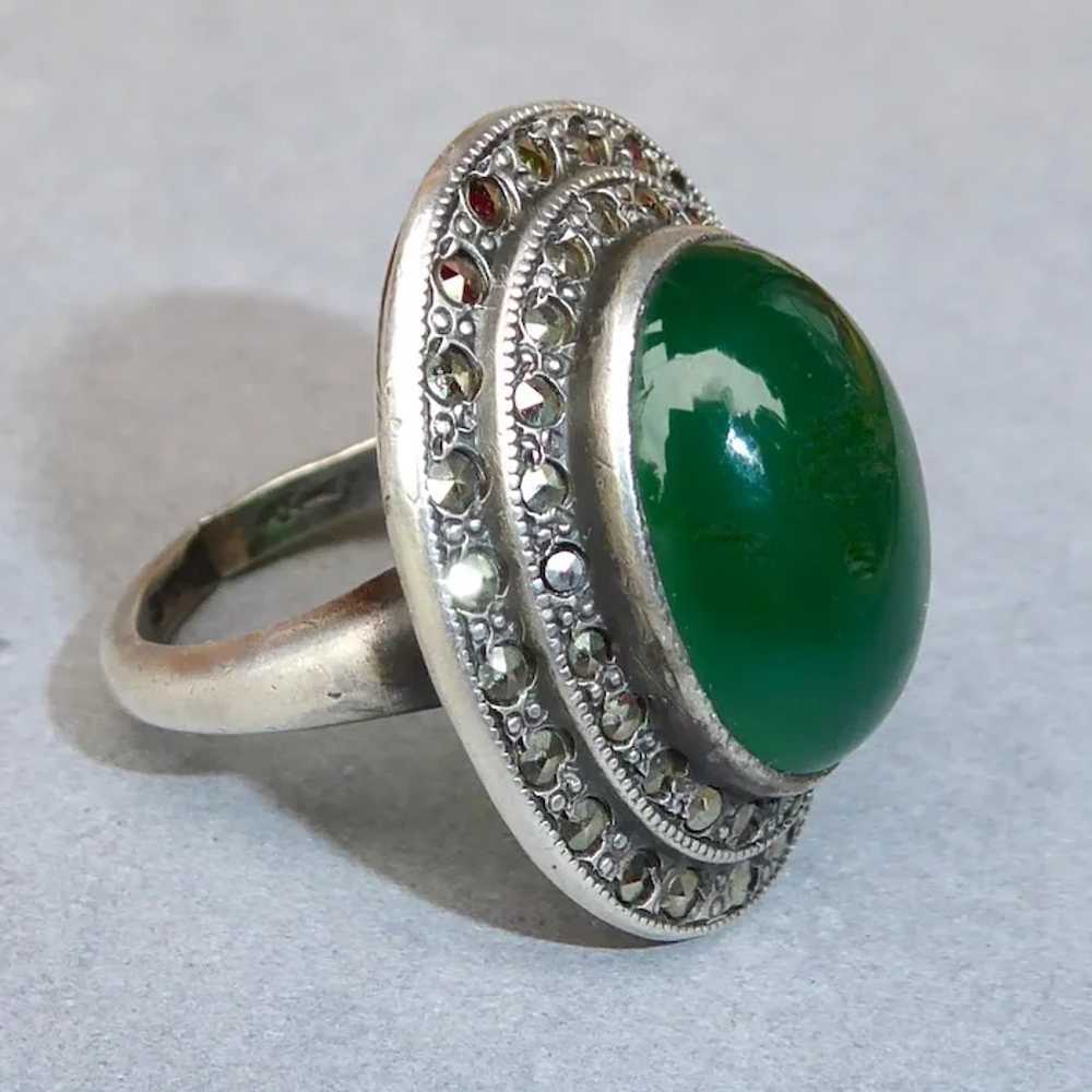 Art Deco Sterling Chrysoprase & Marcasite Ring - image 2