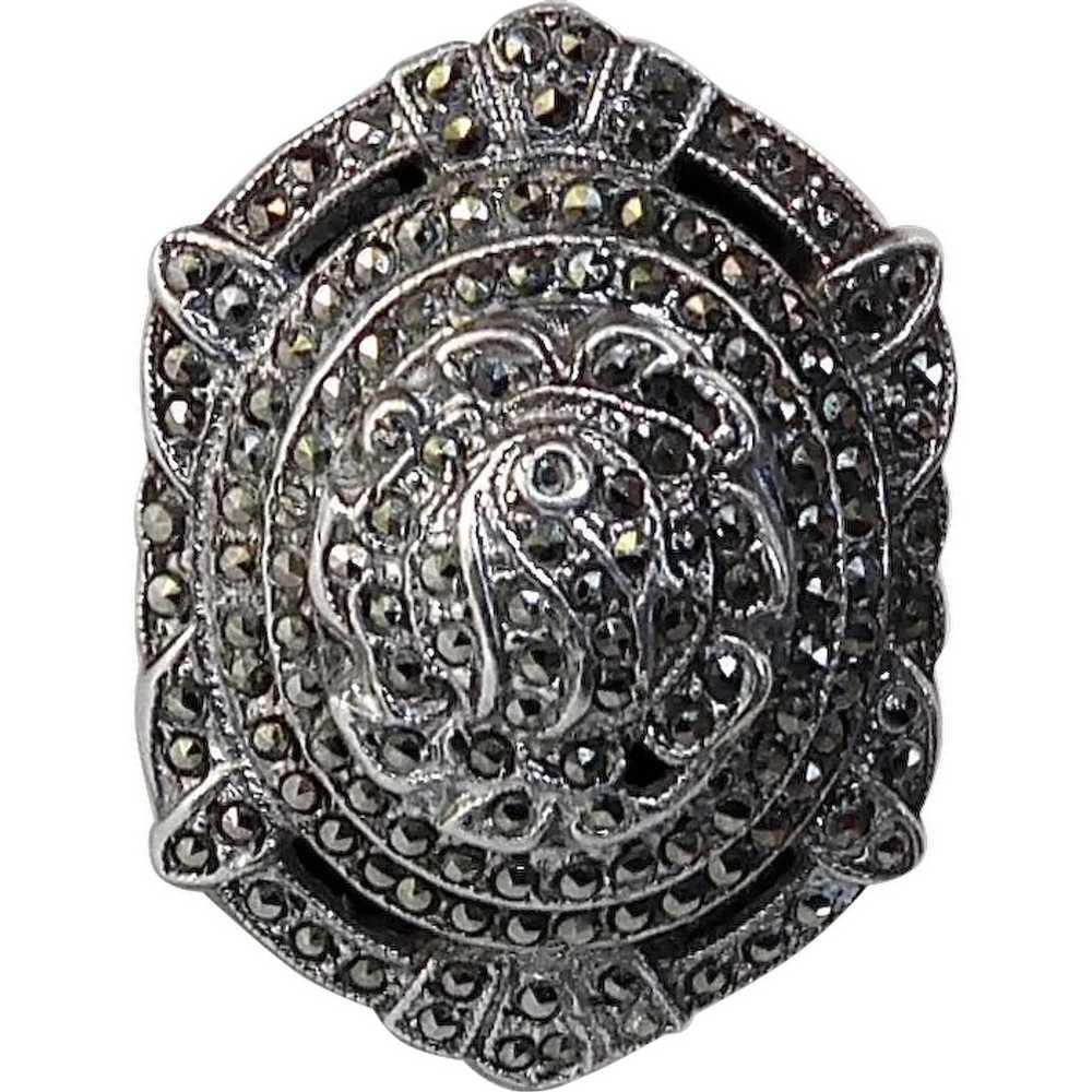 Art Deco Sterling & Marcasite Domed & Layered Ring - image 1