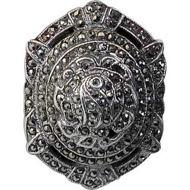 Art Deco Sterling & Marcasite Domed & Layered Ring - image 1