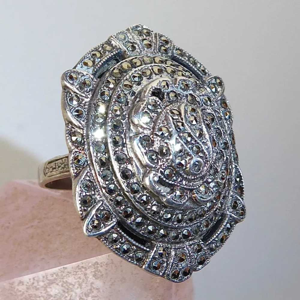 Art Deco Sterling & Marcasite Domed & Layered Ring - image 2