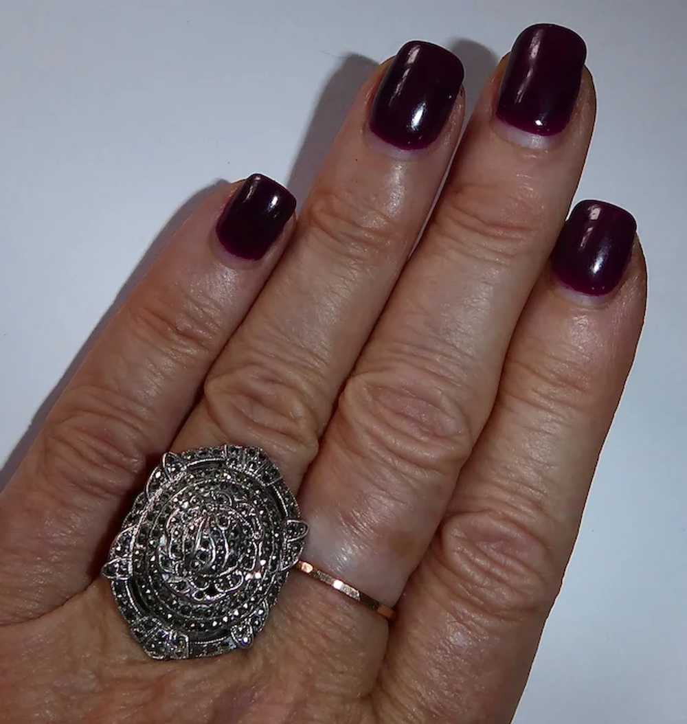 Art Deco Sterling & Marcasite Domed & Layered Ring - image 3