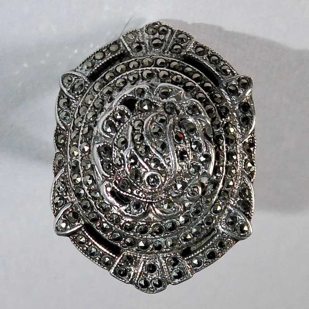Art Deco Sterling & Marcasite Domed & Layered Ring - image 4