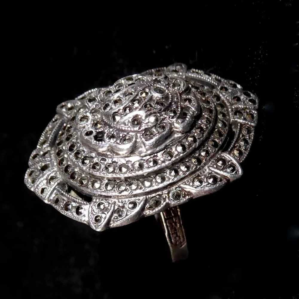 Art Deco Sterling & Marcasite Domed & Layered Ring - image 5