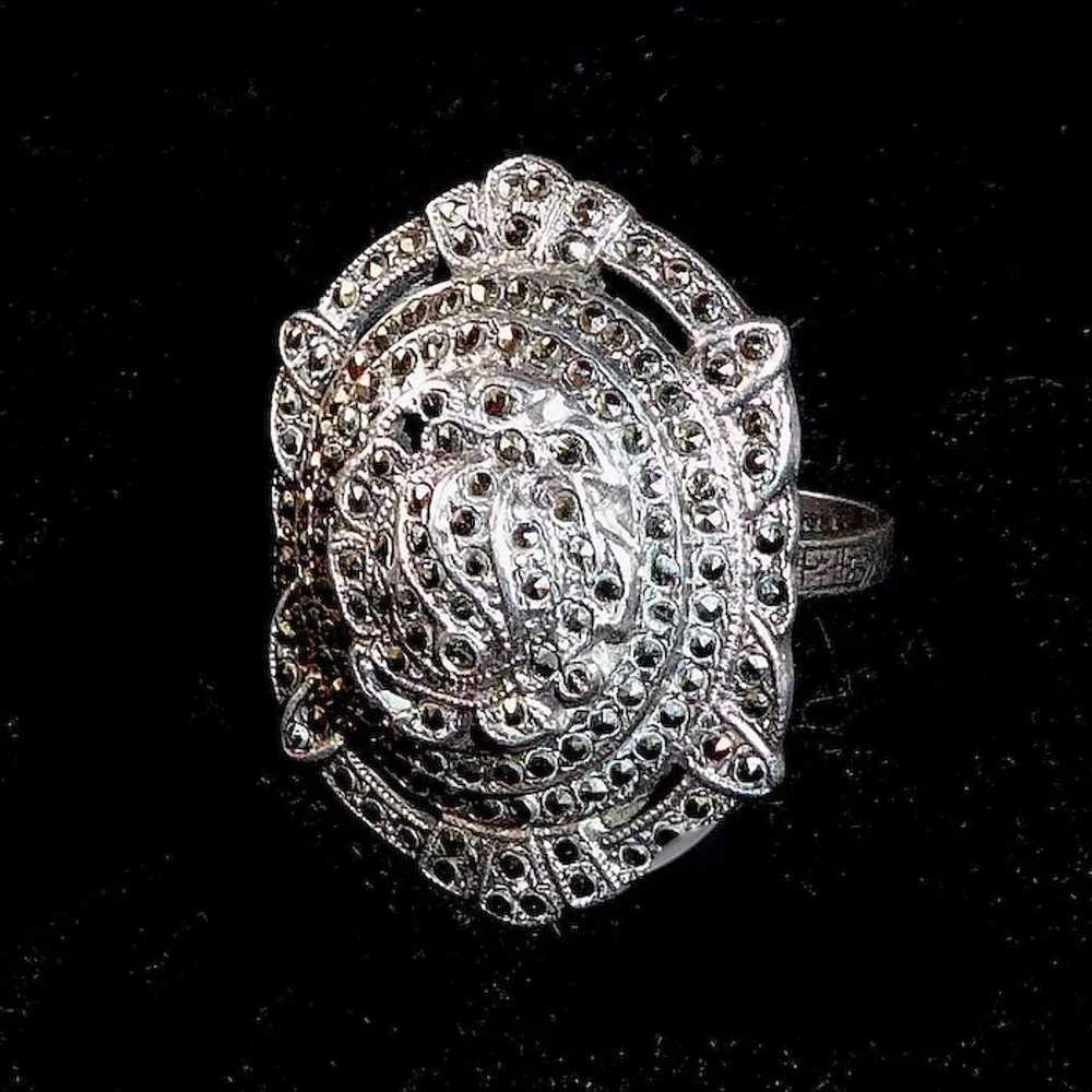 Art Deco Sterling & Marcasite Domed & Layered Ring - image 8